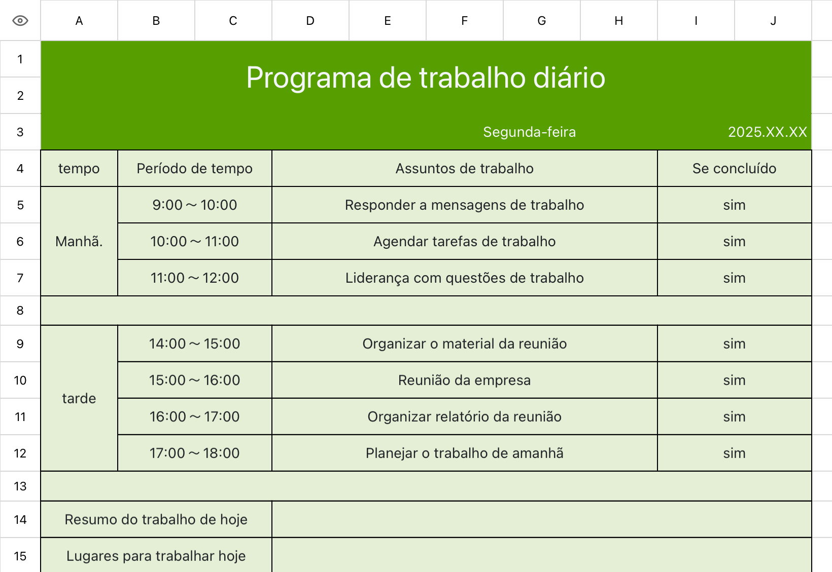 Plano de trabalho simples verde
